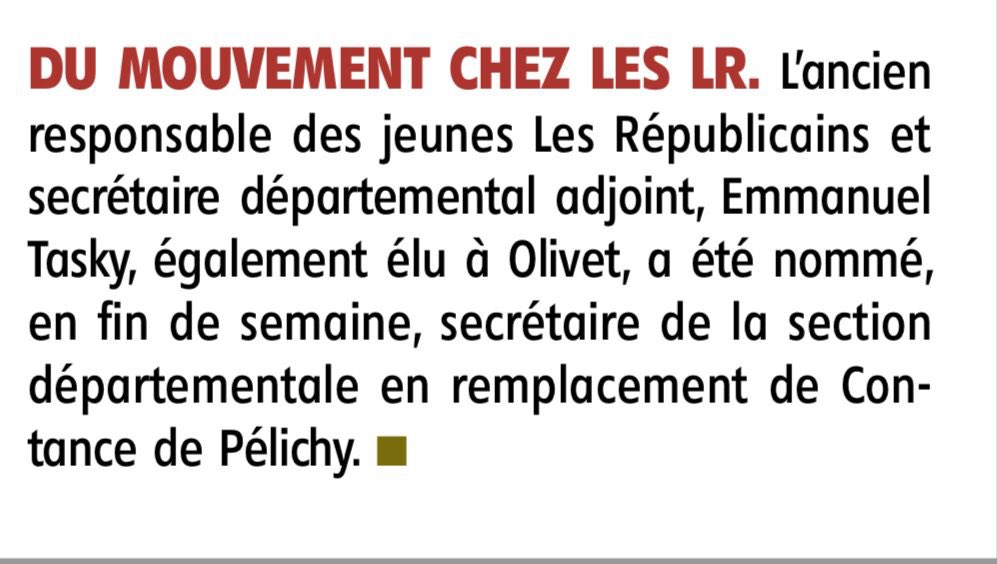 emmanueltasky's tweet image. Le BP @lesRepublicains a acté ma nomination en tant que nouveau Secrétaire Départemental des @45Republicains. Je remercie @SergeGrouard et nos parlementaires pour leur confiance. Notre fédération se doit d’être en ordre de bataille pour les échéances électorales à venir !