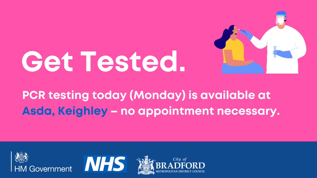 You can now go to one of our pop-up testing sites to get a PCR test . You do not need an appointment. Just turn up. Today's pop up PCR test site is at Asda, Keighley 10.30am  to 4.15pm. If you've COVID symptoms or a positive LFT test then book here orlo.uk/9Xlk4