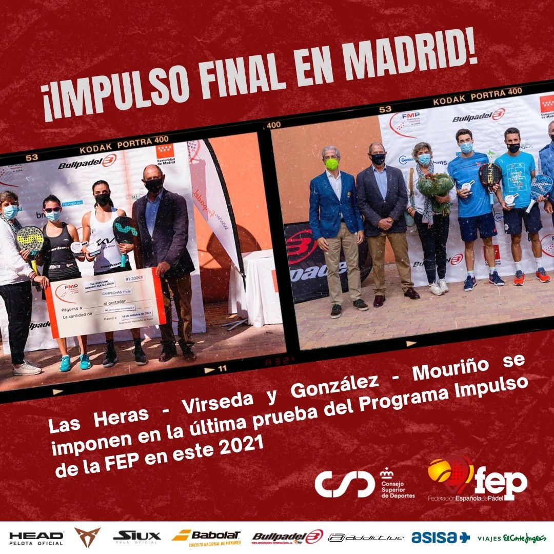 📢 ¡#Madrid clausura el Programa Impulso de la FEP en 2021!
🟥González - Mouriño y Las Heras - Virseda se hacen con el triunfo en este cuarto y último torneo organizado por <a href="/FMP_Padel/">FMP Federación Madrileña de Pádel</a> 

📝Más info: bit.ly/3BxTGpU

#FEP #padel #ImpulsoFEP