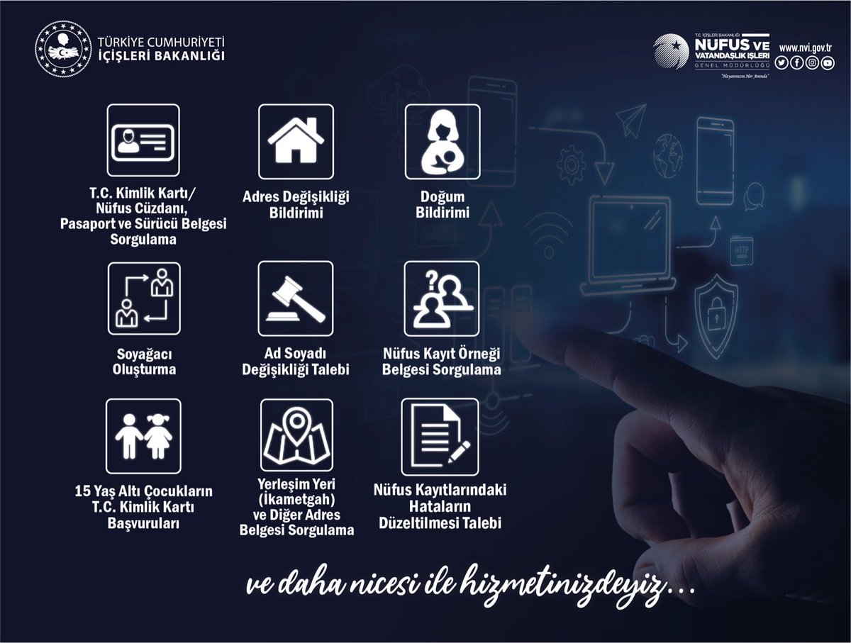 Nüfus müdürlüğüne gitmenize gerek kalmadan e-Devlet üzerinden sunduğumuz 4️⃣2️⃣ hizmetimizden birkaçı ⬇️

Tüm hizmetlerimiz için;

👉 turkiye.gov.tr/nufus-ve-vatan…

<a href="/ekapi/">e-Devlet Kapısı</a>
#HayatınızınHerAnında