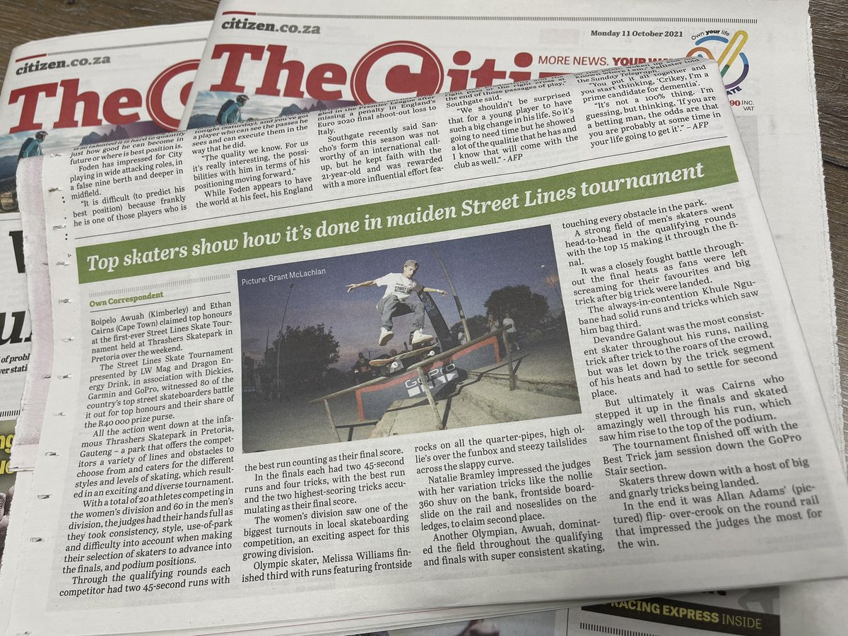 LW_Mag's tweet photo. Extra Extra Read All About It 🗞
#StreetLines Skate Tournament featuring in today’s @TheCitizen_News newspaper with Allan Adams’ wining Best Trick 🙌
#Skateboarding #Skate #ActionSports
@dragonenergyint @Dickies_Africa @GarminSA @WOHZA @ThrashersSkate https://t.co/4rqHxdqURq