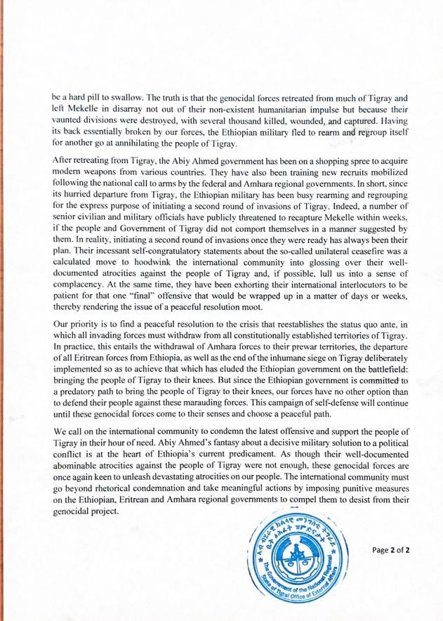 meazaG_'s tweet photo. The Gov’t of Tigray, in its most recent statement, once again reiterated its commitment to finding a peaceful resolution to end the ongoing state-led #TigrayGenocide &amp; called upon the int’l community to take punitive measures against @AbiyAhmedAli’s &amp; his allied genocidal forces. https://t.co/hEiA798jvY