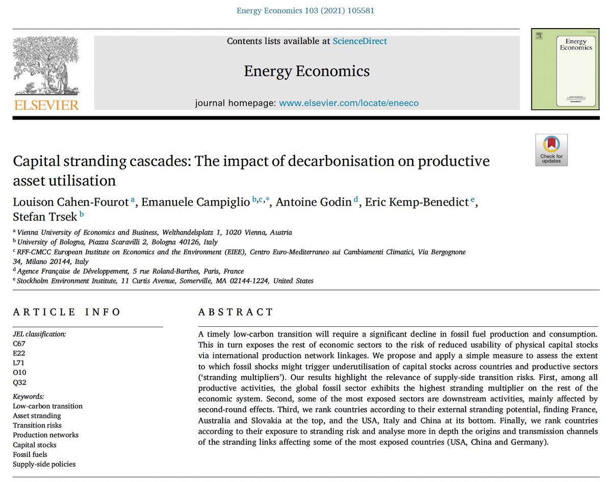 Our paper 'Capital stranding cascades: The impact of decarbonisation on productive asset utilisation' has been published in Energy Economics. Open access here: doi.org/10.1016/j.enec…  #econtwitter #energytwitter #climatetwitter