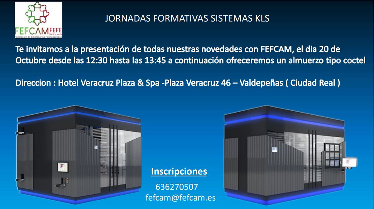 FEFCAMfarmacia's tweet photo. Invitamos a todos los asociados de @FEFCAMfarmacia a conocer las últimas novedades en robots 🤖 para la oficina de #farmacia, el próximo día 20 en Valdepeñas. #esalud Para inscripciones, escribir a fefcam@fefcam.es https://t.co/IrMqj8ETwH