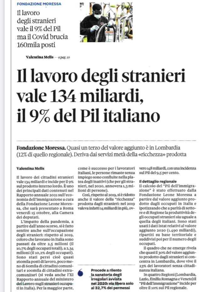 Consiglio di lettura della giornata. L’articolo di <a href="/sole24ore/">IlSole24ORE</a> che anticipa lo studio di <a href="/FondazMoressa/">Fondazione Moressa</a>: in 4 regioni italiane il ‘pil dell’immigrazione’ incide di oltre il 10% sul pil regionale