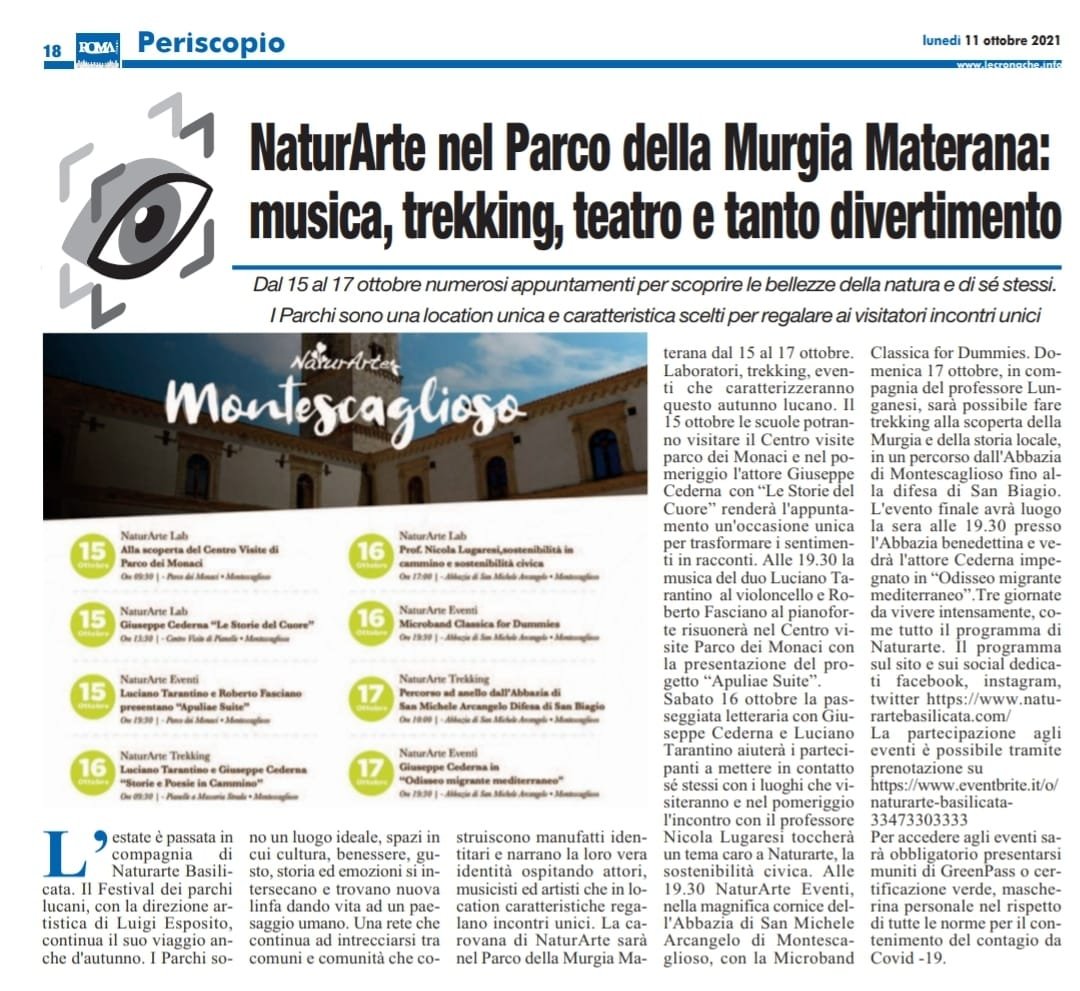 #NaturarteBasilicata nel Parco della Murgia Materana.Dal 15 al 17 ottobre passeggiate trekking poetiche, eventi musicali e teatrali occuperanno le giornate autunnali. #montescaglioso #parchi #comunità 
📰🤓