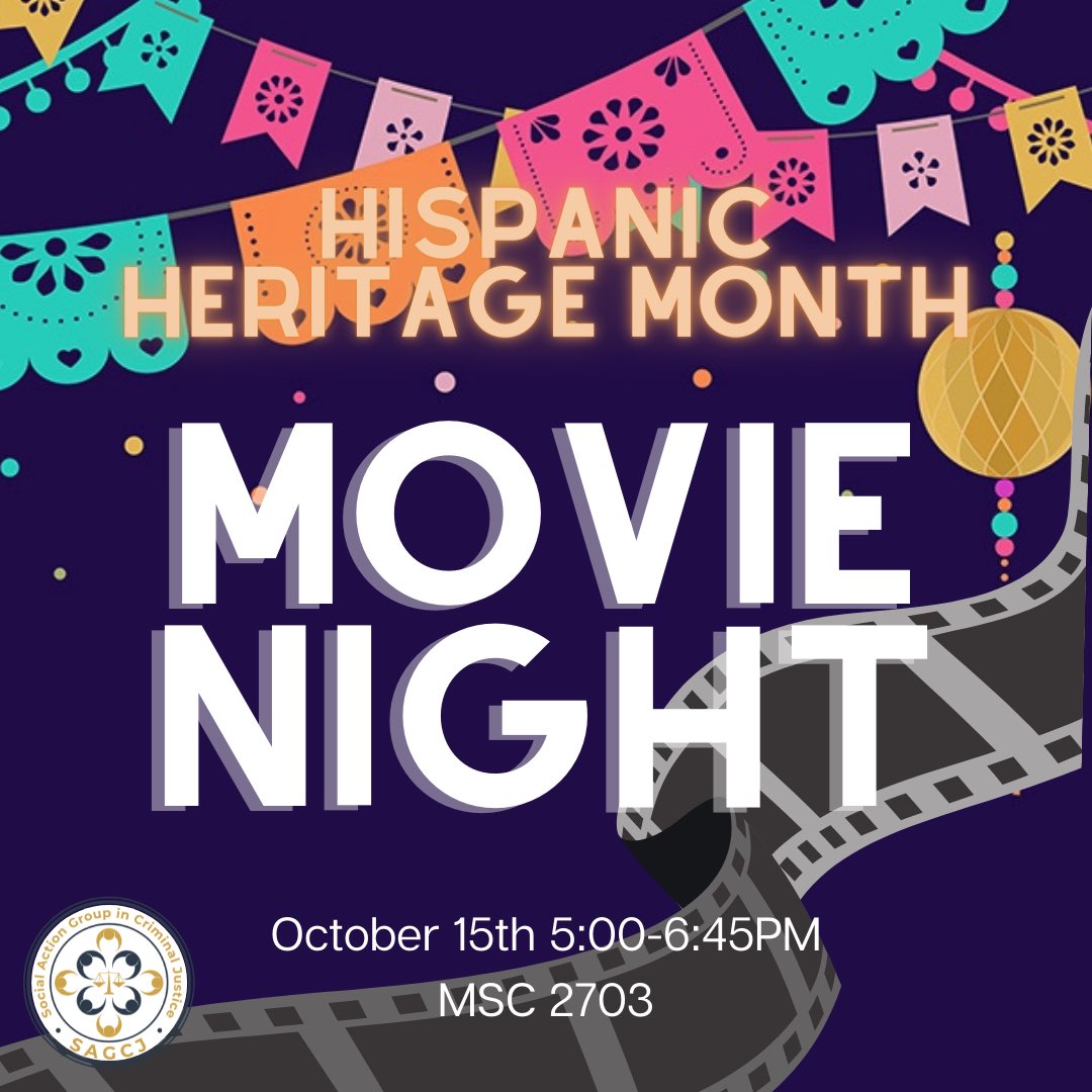 SAGCJUSF's tweet photo. Join us for our Hispanic Heritage Movie Night happening this Friday, October 15th at 5:00pm. The event will be held in Room 2703 of the Marshall Student Center. Snacks and drinks will be provided. All students are welcome! Hope to see you there! 🎥 🍿 https://t.co/qc2YZICyb3