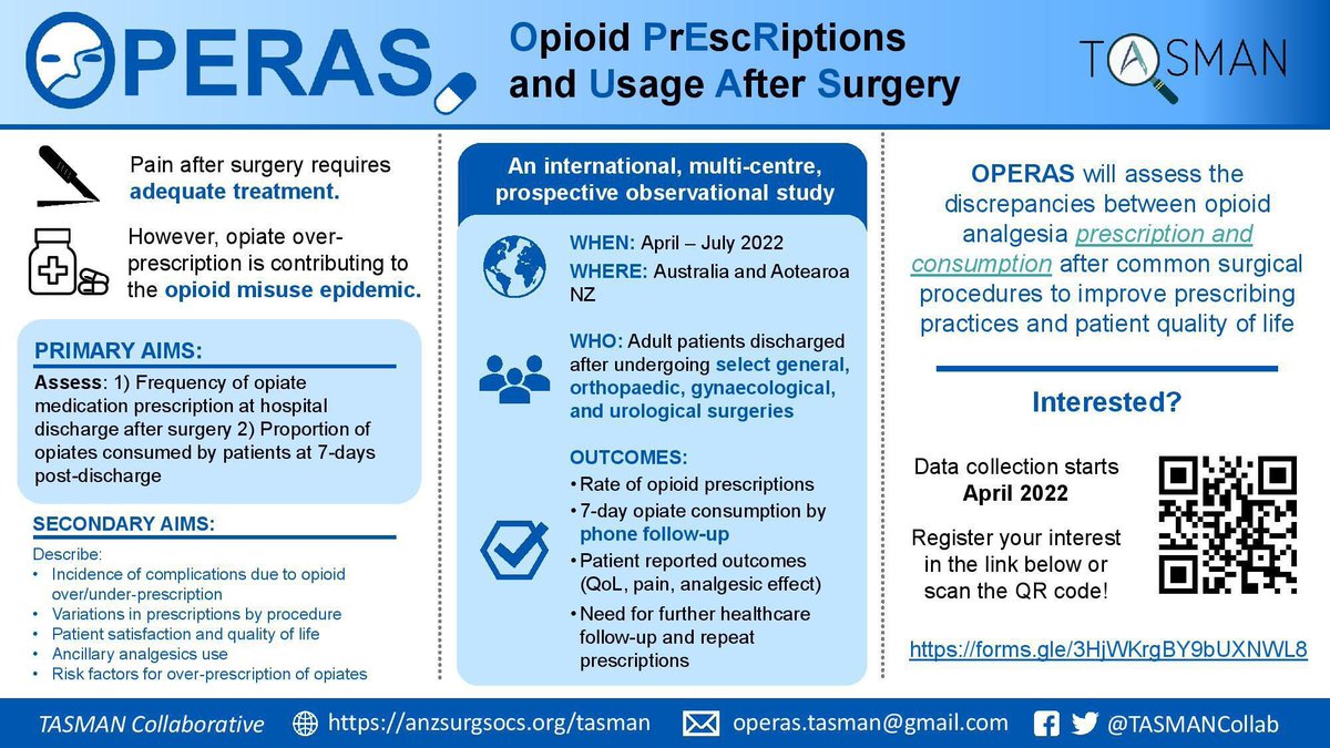 We’re excited to share a new collaborative project: 💊OPERAS💊 

We are inviting YOU to become a collaborator (you’ll be a PubMed-citable co-author!) for this study.

👉 Find out more: anzsurgsocs.org/tasman/operas-…

👉 Sign-up here: docs.google.com/forms/d/e/1FAI…