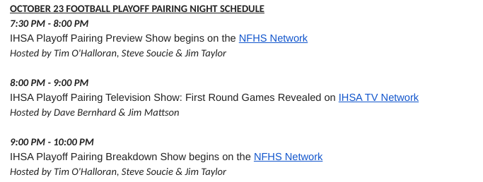 michaelsobrien's tweet photo. Here's the info from the IHSA on Saturday's football playoff pairings reveal schedule and where to watch locally. https://t.co/VPdq63b3Ym