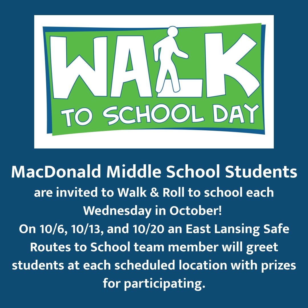 EL_SRTS's tweet photo. MMS FAMILIES: Tomorrow, Wed. 10/20 is the last #ELSRTS #WalktoSchoolDay event! ELSRTS Team members will greet students walking/rolling to school @ John R &amp; Burcham with a small prize 9:30-10am.
#SafeRoutesMI #EastLansing #ELPS #WalkToShoolDay #ActiveKids #HappyKids #GetOutAndMove https://t.co/ZmLKXQV0Bo