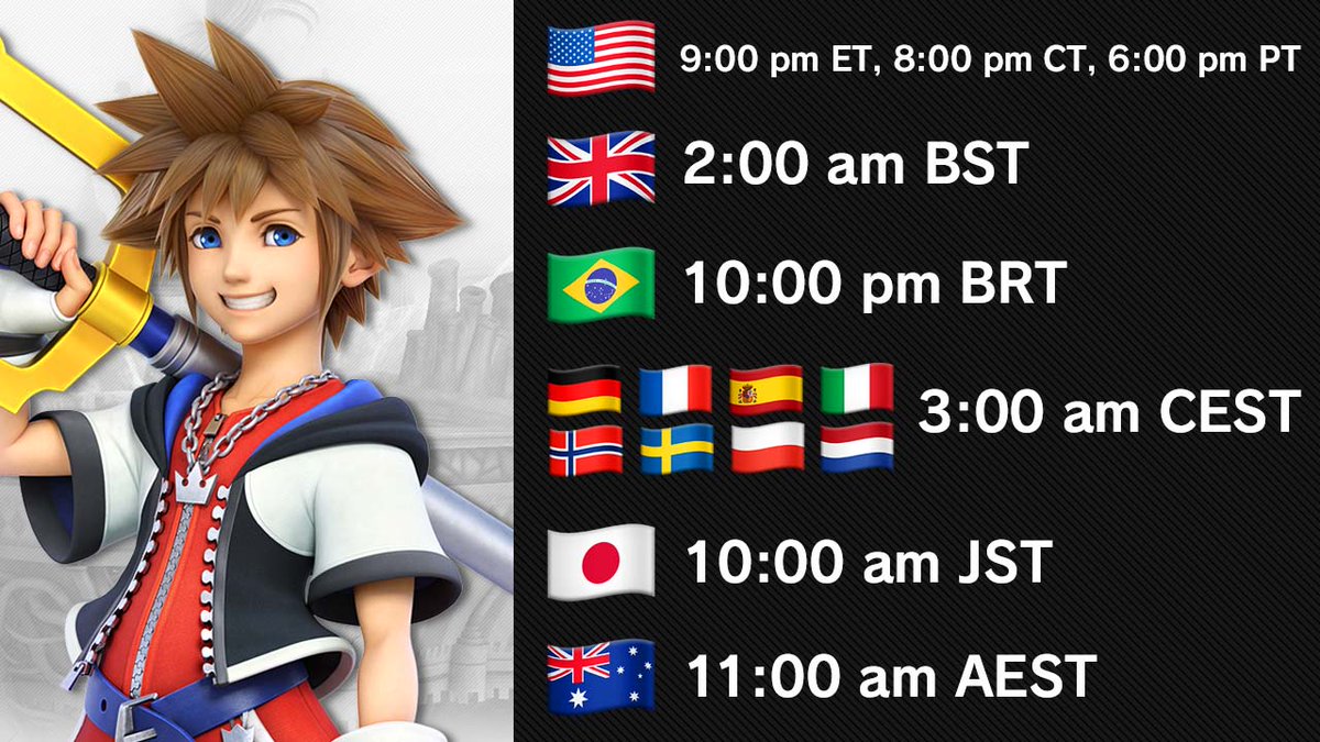 ActualAero's tweet photo. This is the last time I'll be able to help you all out but if you're wondering when Sora is coming to Super Smash Bros. Ultimate here's some time conversions for a few countries :)

He releases on October 18 in the US &amp; October 19 in most other places https://t.co/wiqHelVbFb