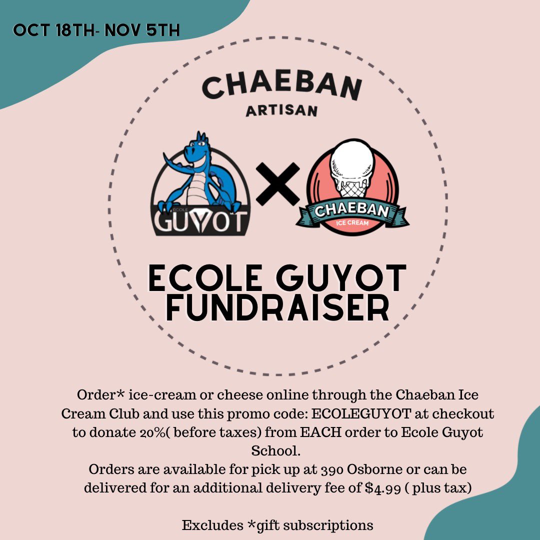 Team Chaeban Ice Cream and Chaeban Artisan are hosting a fundraiser for Ecole Guyot!
Link to the website: chaeban-ice-cream.myshopify.com