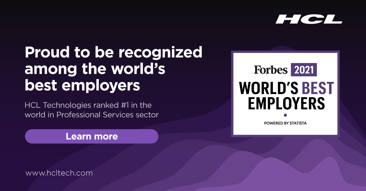 hcltech's tweet image. We're proud to be featured in @Forbes' top 100 list of the World’s Best Employers 2021, claiming the top spot within Professional Services sector, and among the top five multinationals HQ'd in India. Thank you to our 187K-strong family who make us special! hclte.ch/3peXU2K