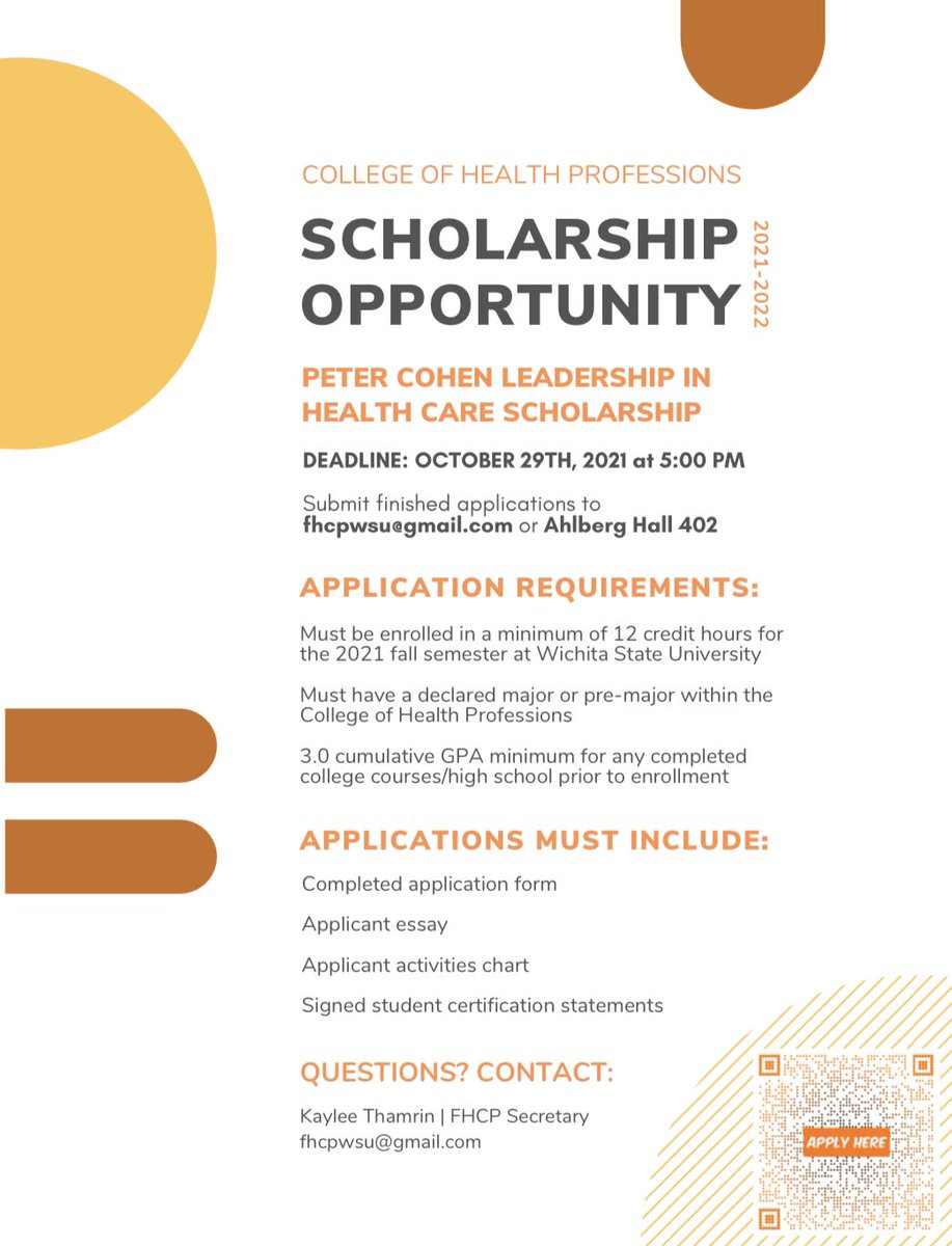 🚨Scholarship opportunity 🚨

The Peter Cohen Leadership in Health Care Scholarship is due this October 29 2021 at 5 pm CST. 

If you have any questions you can Dm here or send an E-mail to Kaylee Thamrin (E-mail on the poster).