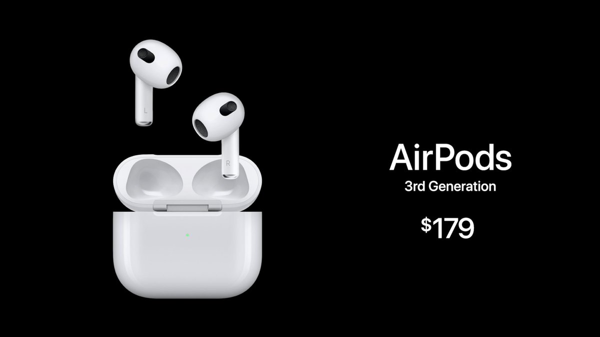 amitbhawani's tweet photo. Apple announces the New #AirPods3

➜ Sweat &amp; Water Resistance 
➜ Adaptive EQ
➜ New Apple Custom Driver
➜ Longer Battery Life
➜ Spatial Audio
➜ MagSafe wireless charging
➜ New touch sensors

#Airpods3rdGen Priced at at $179 https://t.co/u6BOtlw4K0