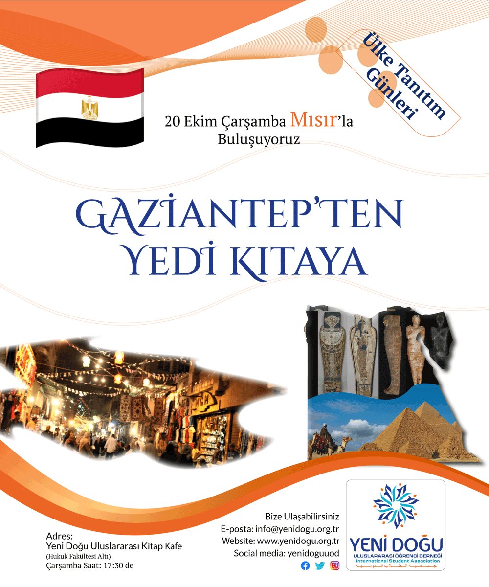 Ülke Tanıtım Günleri Başlıyor

Bu yıl Gaziantep'ten Yedi Kıtaya Sloganı ile ülke tanıtım günleri gerçekleştireceğiz

İlk ülkemiz Mısır 🇪🇬

20 Ekim Çarşamba günü
Saat:17.30'da herkesi Kitap kahvemize  bekliyoruz
<a href="/gaziantepUniv/">Gaziantep Üniversitesi</a> <a href="/udeforgtr/">UDEF</a> <a href="/gsb_eak/">Eğitim, Araştırma ve Koordinasyon Genel Müdürlüğü</a> <a href="/Fatih_tanriover/">Fatih Tanrıöver</a>