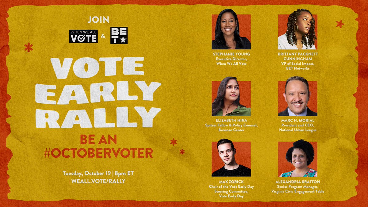 WhenWeAllVote's tweet photo. With Election Day around the corner in 35 states, it’s never been more important to VOTE EARLY 🗳⏰ That's why we're teaming up with an incredible lineup of partners and speakers for a #VoteEarly Rally on Tuesday, October 19 at 8pm ET/5pm PT. RSVP ➡️ https://t.co/kUa3hhotUB https://t.co/DzlztFZOm6