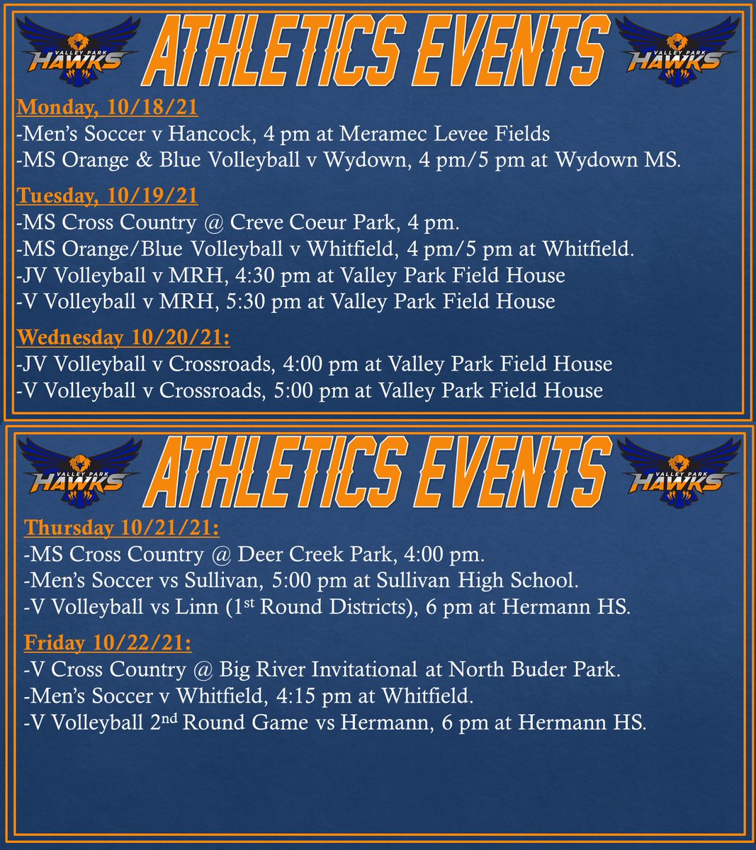 Here's our <a href="/ValleyParkSD/">ValleyParkSchoolDist</a> Athletic Events for this week! Come out &amp; support your Hawks! <a href="/tdilg/">Dr. Tim Dilg</a> <a href="/DrLuhningVPHS/">Dr. Ryan Luhning</a> @VPMSPrincipal

You can also check the Athletics Calendar for the most up to date information at vp.k12.mo.us/Page/61