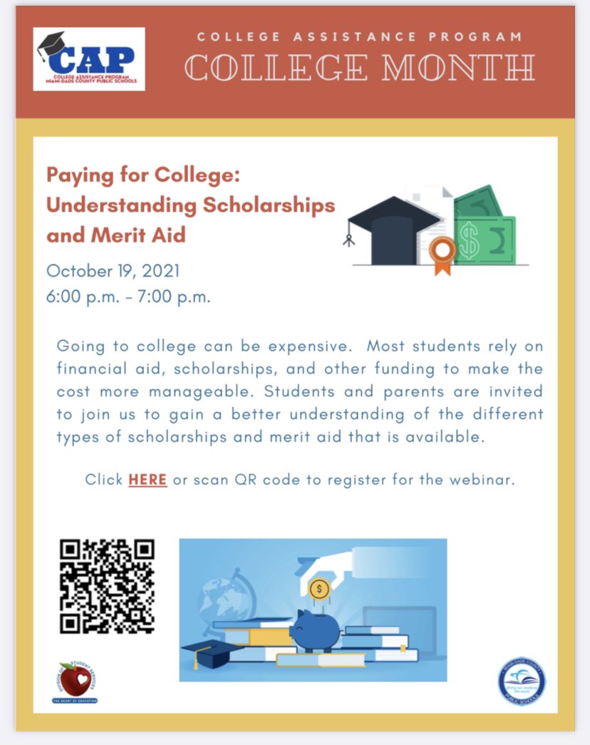 College Month continues this week! Going to college can be expensive! Join us tomorrow, October 19th at 6:00 p.m. to learn more about scholarships and merit aid that can help you pay for college! Be College Ready <a href="/MDCPS/">Miami-Dade Schools</a> drive.google.com/file/d/1VPXIxa…