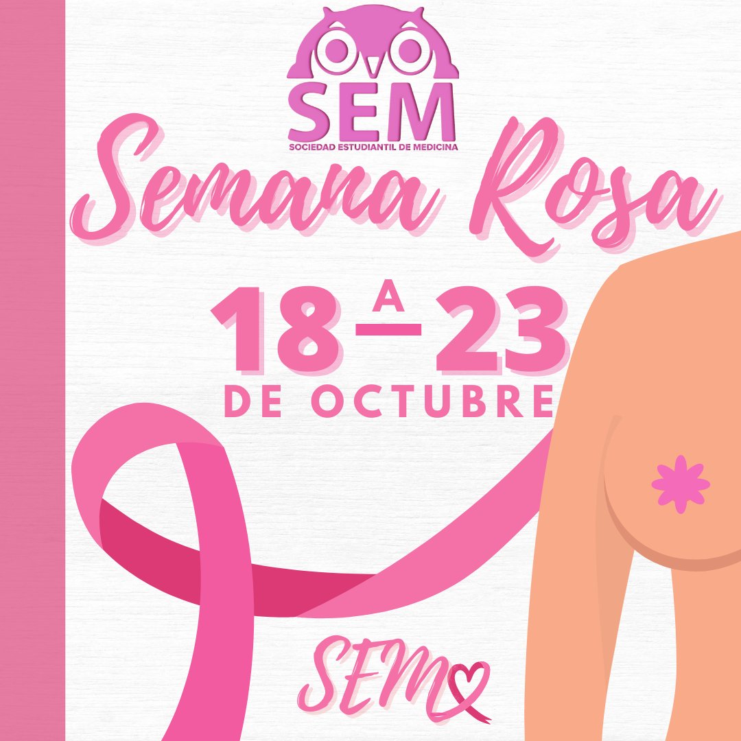 La Sociedad Estudiantil de Medicina Campus Cajeme les da la Bienvenida a la Semana Rosa Contra el Cáncer de Mama, del 18 al 23 de octubre. ''Tócate para que no te toque'' 

#SEMDECAJEME
#CancerdeMama
#SemanaRosa