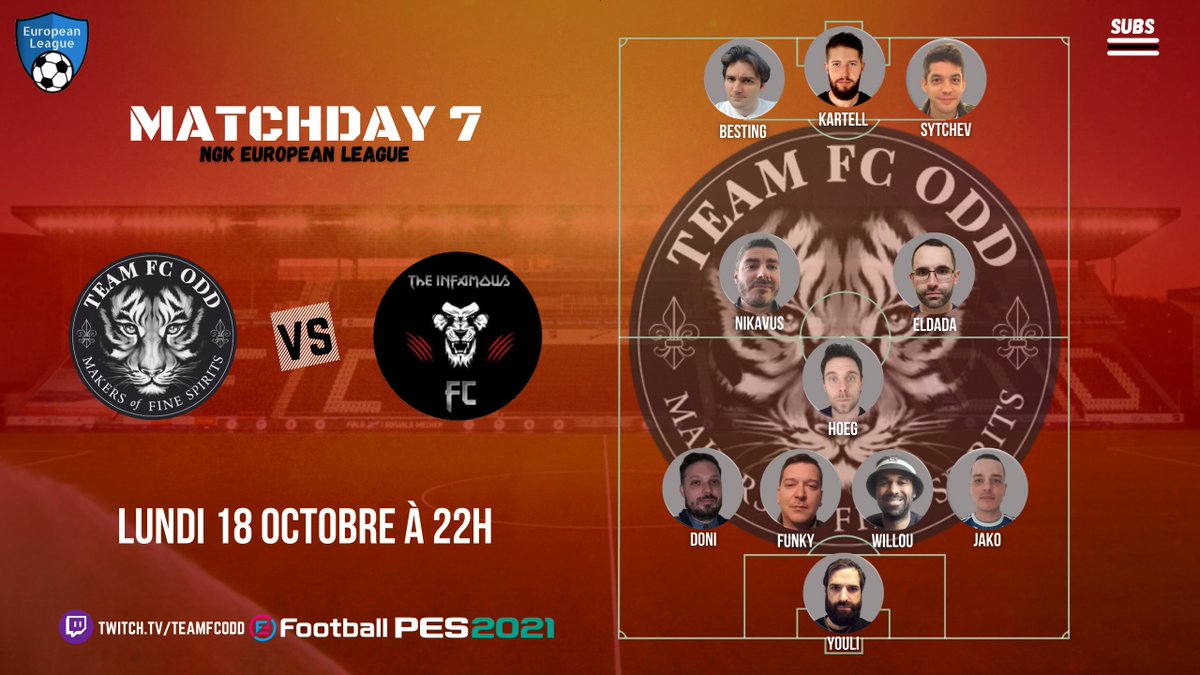 🚨⚽️𝐉𝐎𝐔𝐑 𝐃𝐄 𝐌𝐀𝐓𝐂𝐇 ⚽️🚨
🏆NGK European League 
📅Matchday 7⃣
🆚<a href="/THEINFAMOUSPES/">SeboTheo04</a> 
⏰22h00
📺twitch.tv/teamfcodd