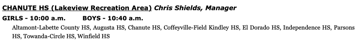 Info for Regionals on Saturday (Oct 23)
Lakeview Recreation Area, 208 W 35th Pkwy Chanute, KS 66720
Girls race at 10:00 am, Boys race at 10:40 am