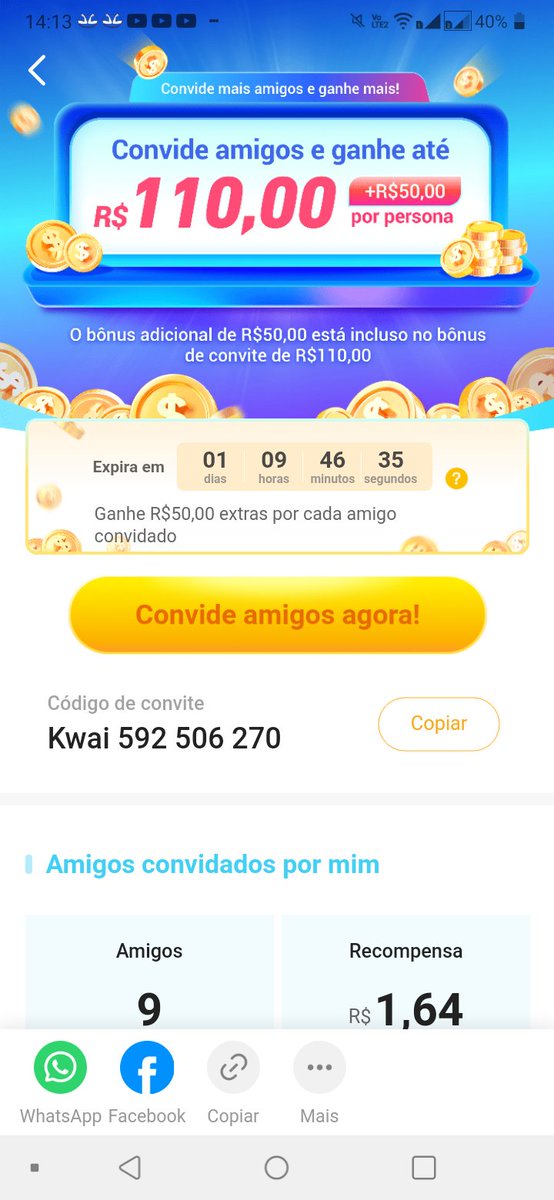 Vincule meu código de convite para receber R$1 imediatamente!
Convide seus amigos para assistir a vídeos, você pode ganhar até R$60 por cada amigo! s.kwai.app/s/HdfbbIwK