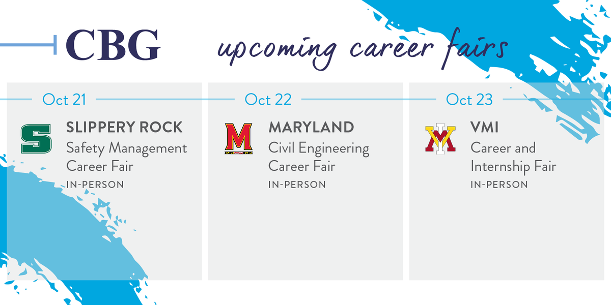 CBGBuildingCo's tweet photo. This Thursday, Friday, and Saturday we are attending career fairs at @slipperyrocku, @UofMaryland, and @VMI1839. Stop by to learn more about CBG! #joinCBG https://t.co/4a7uxkYVka