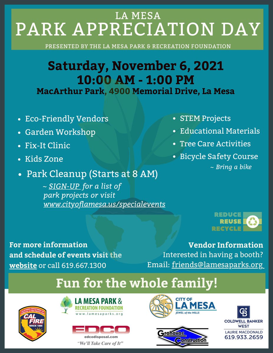 In partnership with the <a href="/LaMesaCaParks/">La Mesa Parks</a>, Park Appreciation Day is Saturday, Nov 6!
Join us for a fun-filled day to beautify parks across the City of La Mesa! 
Sign up to volunteer for a variety of projects at your favorite park at signupgenius.com/go/5080a4bafa8…