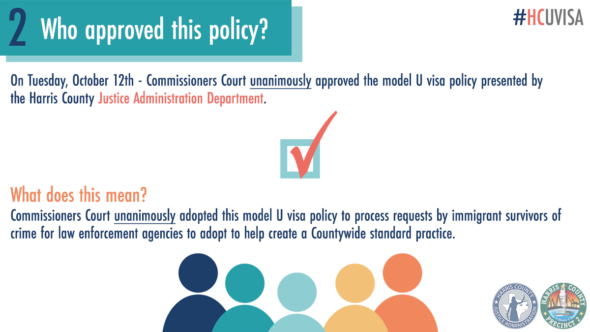 HCOJS's tweet photo. Harris County Commissioners Court unanimously adopted an advisory model U visa policy. Check out some information on what this means for Harris County and immigrant survivors. #HCUVISA #UVISA #HARRISCOUNTY @HarrisCoJudge @hcpct1 @HarrisCoPct2 @HarrisCoPct3 @HCPrecinct4
@USCIS https://t.co/FjX05xfkIy