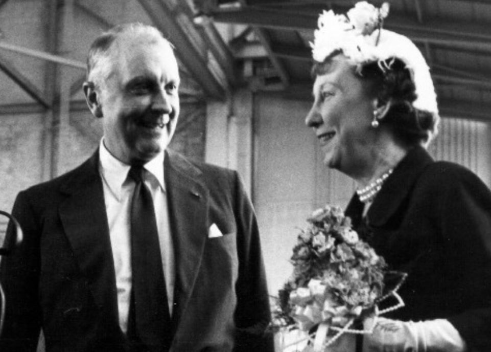 On October 16, 1958, Pan Am Chairman Juan Trippe watches as First Lady Mamie Eisenhower christens Pan Am’s Boeing 707-121 named Jet Clipper America at Washington National Airport. 10 days later, Jet Clipper America would inaugurate jet service from New York to Paris.