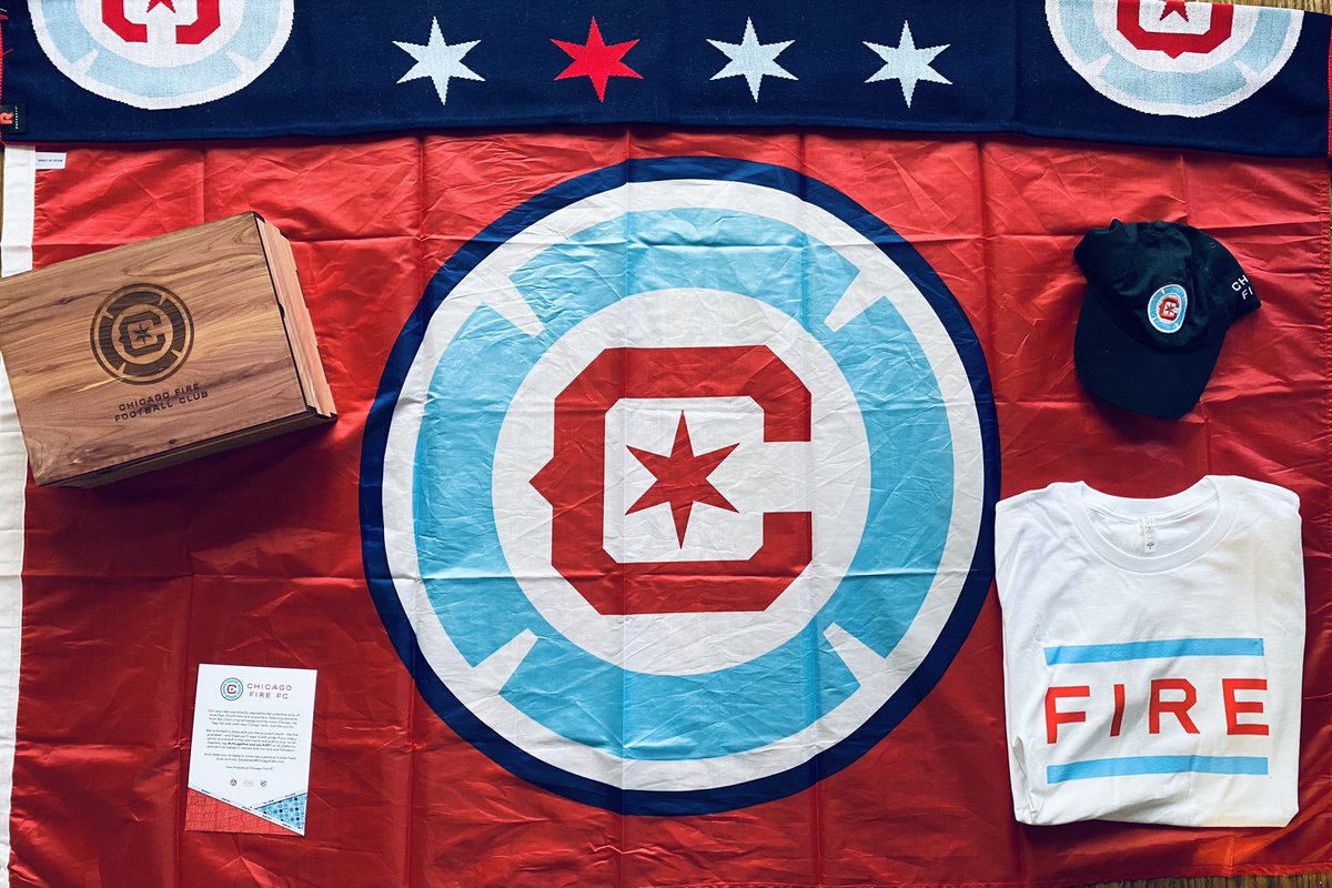 JimmyConrad's tweet photo. Look at this amazing care package from the @ChicagoFire! I’m honored. Thank you. 

The new crest is 🔥

But this stuff is too good for me, it needs to be with a supporter who has been with the club from the beginning so retweet, like, and comment for a chance to win! #cf97 https://t.co/uFScU8Ienz