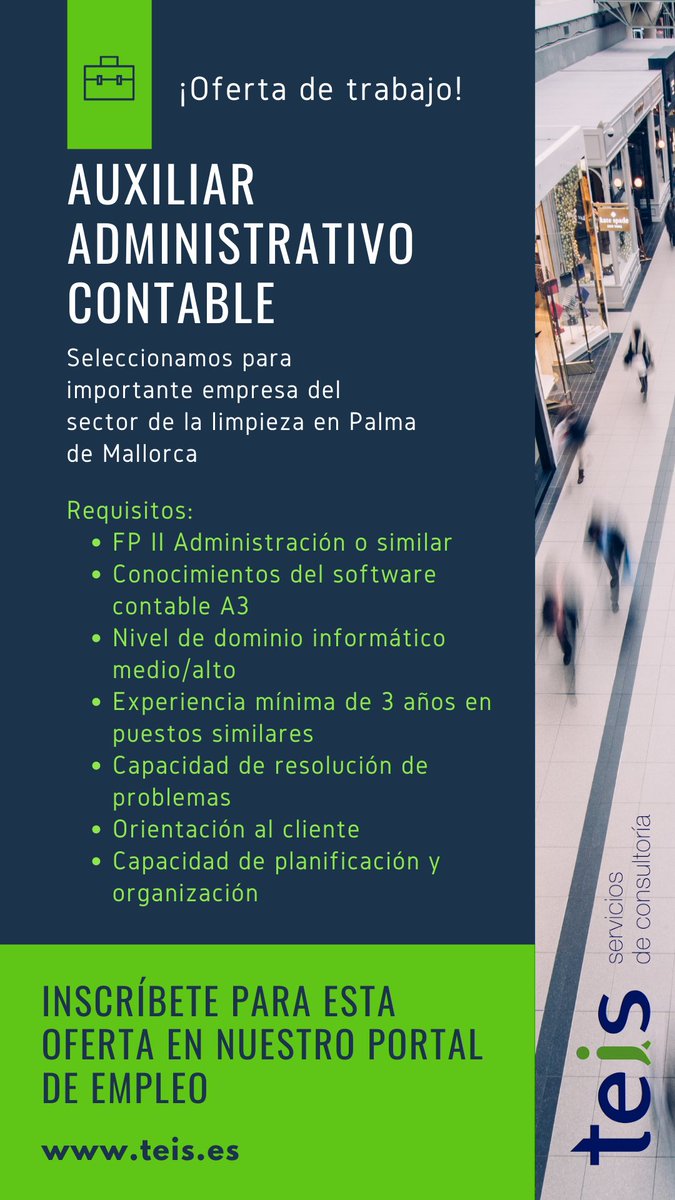 TeisConsult's tweet photo. Buscamos a un/a auxiliar administrativo/a contable para una importante empresa del sector de la limpieza en Palma📢
Inscríbete para esta oferta en nuestro portal de empleo o comparte este publicación para que llegue a más gente🔁

#EmpleoMallorca #trabajomallorca #ofertasdeempleo https://t.co/JO2e2xKVb4