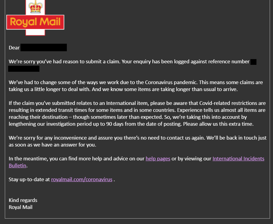 🦋EU/Intl Packages update 🦋

We are still waiting on updates from Royal Mail. They sent out an email for each and every claim made looking like below.

We hope that when the claims process, we shall be able to issue either refunds or replacements. Thank you for your patience ❤️