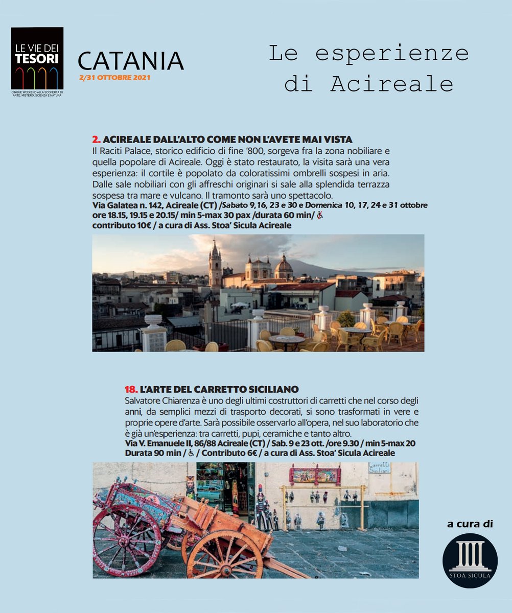 Tra le esperienze troverete:
🔸 L'arte della scultura del carretto
🔸 Raciti Palace: Acireale dall'alto come non l'avete mai vista

#leviedeitesori #acireale