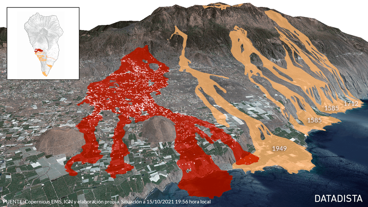 La colada del #VolcándeLaPalma ya ha emitido más lava que sus antecesores en la cara oeste de la isla. El gráfico muestra el rastro que han dejado las anteriores erupciones desde el siglo XVI

<a href="/datadista/">DATADISTA</a>  <a href="/CopernicusEMS/">Copernicus EMS</a> <a href="/IGNSpain/">Instituto Geográfico Nacional-O.A.CNIG</a>