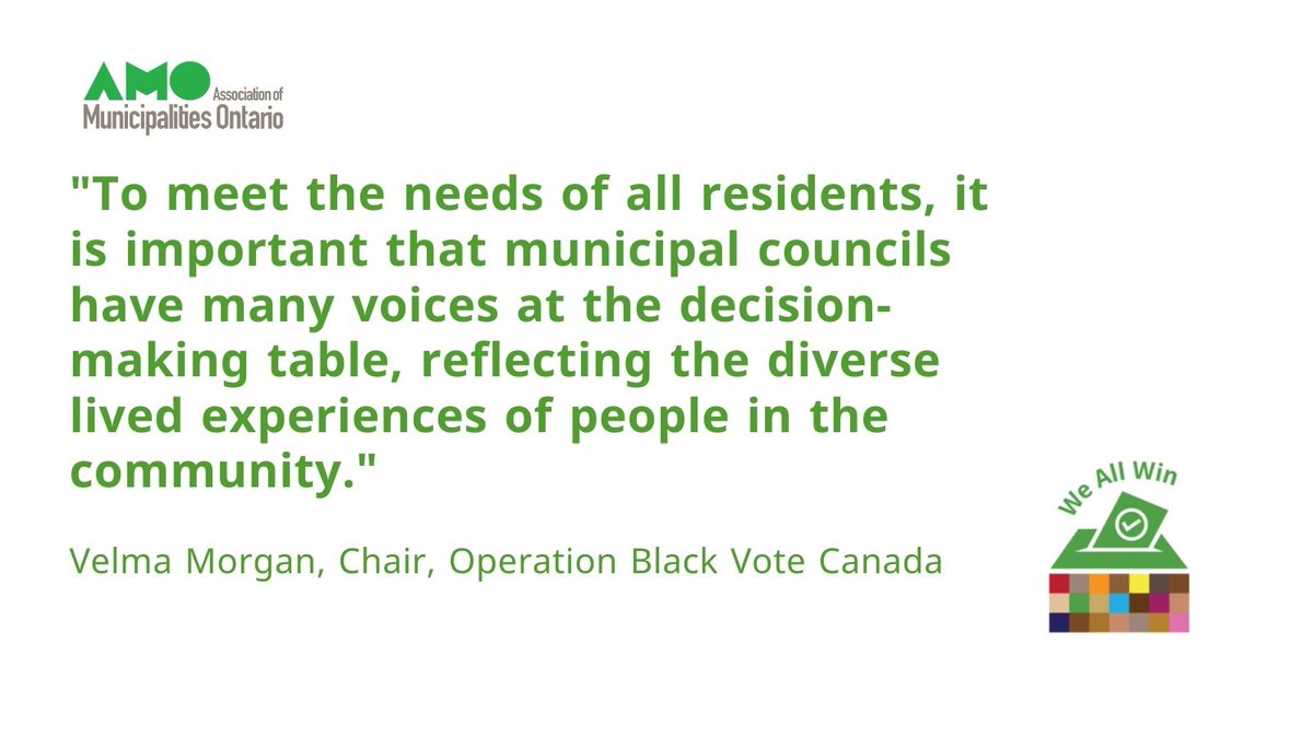 We all win when we have inclusive and diverse municipal councils making decisions for our communities. Did you know <a href="/blackvotecanada/">OperationBlackVoteCA</a> provides training and support to Black candidates running for office? Check out obvc.ca to learn more.  #onmuni #WeAllWin