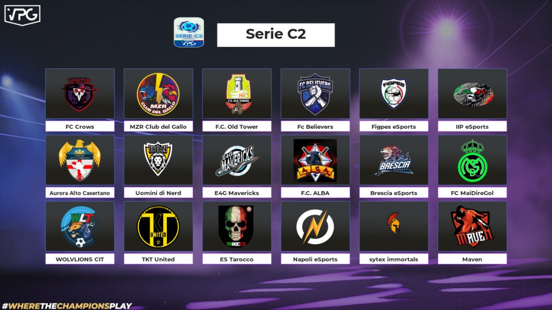 🏆 <a href="/VPG_Italy/">VPG Italy</a>
 🇮🇹  Serie C2

🗣 Welcome to the 18 teams that are in the Serie C2 division for the first season on #FIFA22 ! Teams announced below. 
🙌 We at VPG wish you all the best of luck! 

#VPG #ProClubs #FIFA22