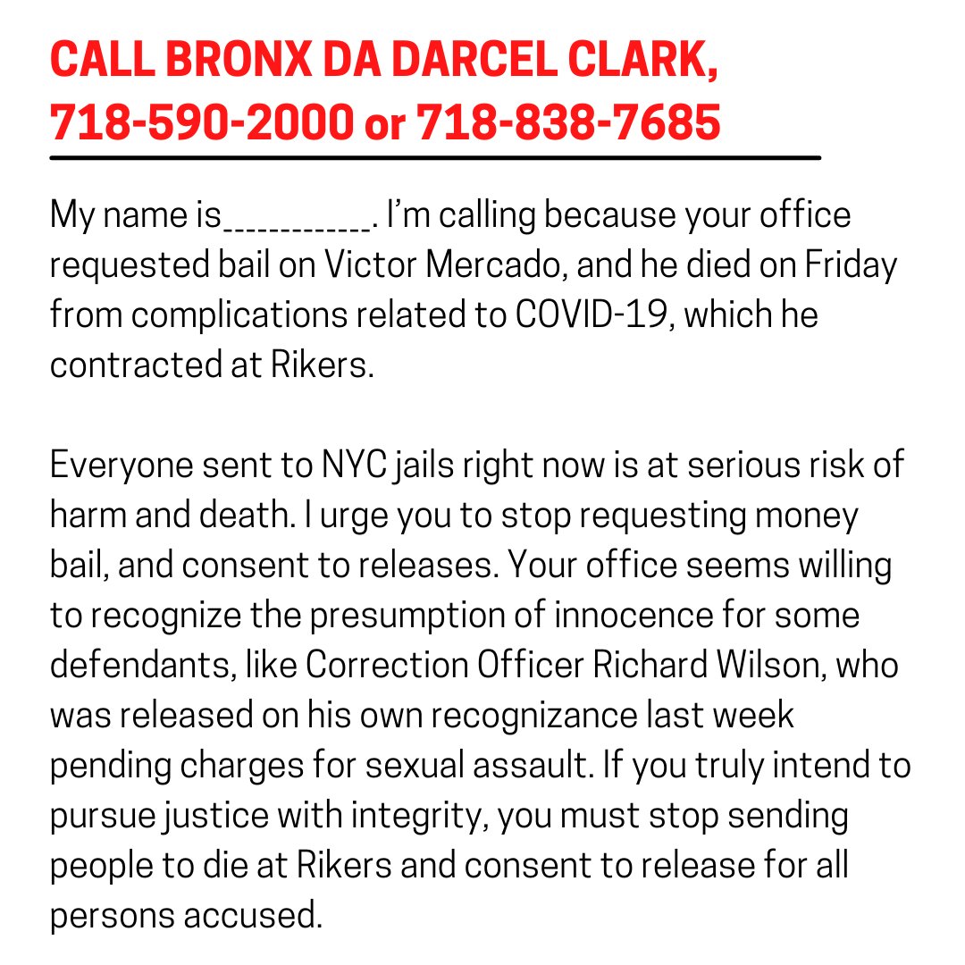 FreedomAgendaNY's tweet photo. 🚨Let's flood the Bronx DA with calls today! 🚨

On Friday, 64 year old Victor Mercado became 13th person killed by NYC jails this year. He died because the Bronx DA continues to request bail that people can't pay.

#cashbailkills #bailisransom #NYCjailcrisis #CloseRikers https://t.co/29NfNP0wiG