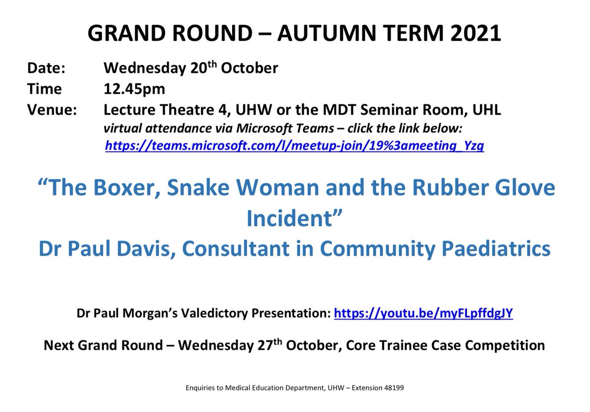 CavMedEd's tweet image. Check out this week’s Grand Round either in person or virtually! 

This week we have a case from Dr Paul Davis, Consultant in Community Paediatrics.

#GrandRound #CommunityPaediatrics #CAVUHB
@CV_UHB @drstuartwalker
