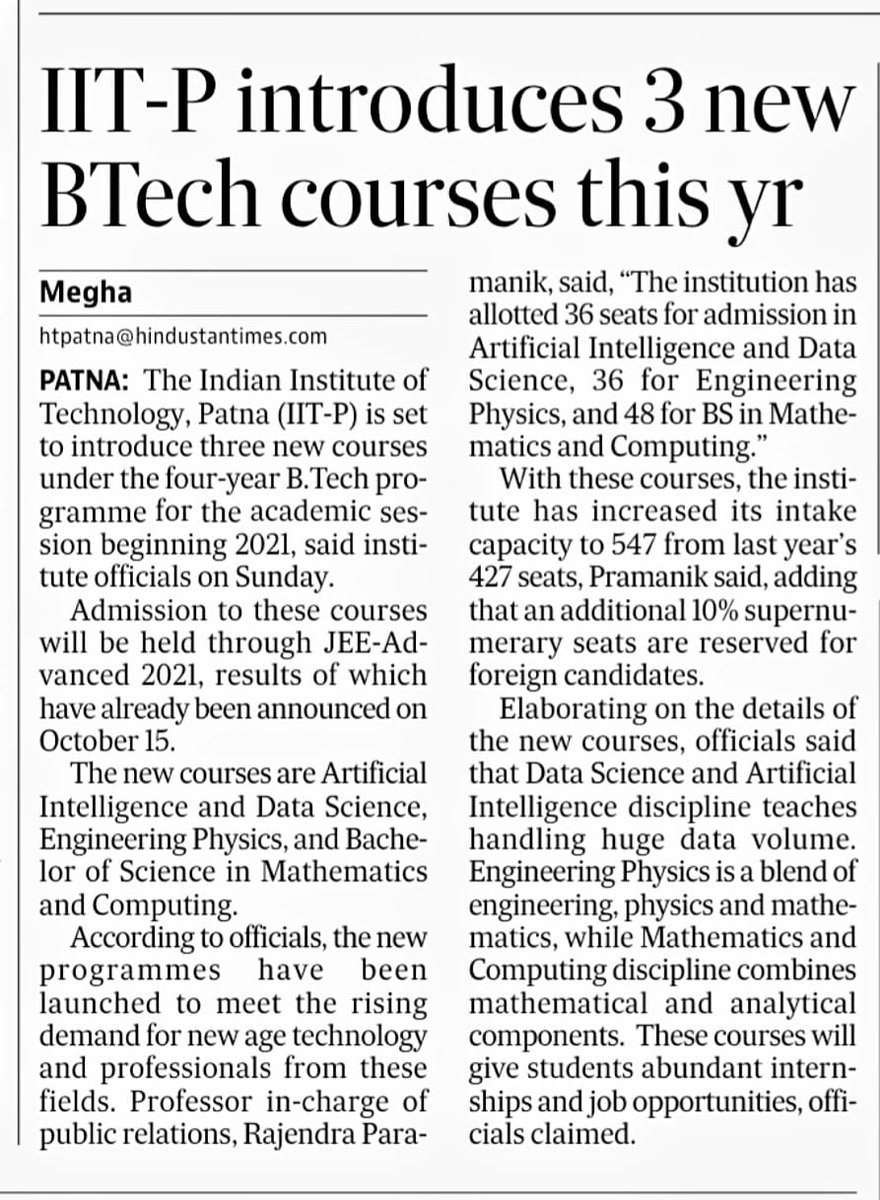 In line with the new National Education Policy 2020, IIT Patna launches 3 new BTech programs this year.
#IITPatna #JEEAdvanced2021 #BTech #NewCourses