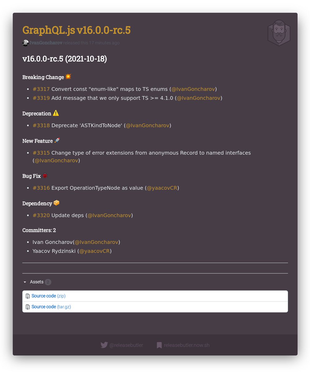 releasebutler's tweet image. 🔥 New GraphQL.js Release 🚀
  
📦 v16.0.0-rc.5 
🏗 RELEASE CANDIDATE
🏷️ #graphql #graphqljs #api #javascript #release #changelog #releasebutler
🔗 github.com/graphql/graphq…