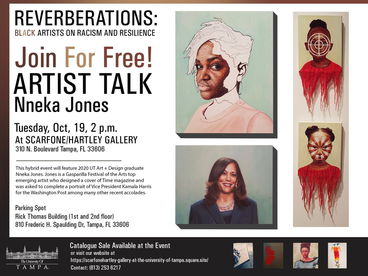 ScarHartleyUT's tweet photo. Tomorrow at 2 p.m.! Meet the artist, Nneka Jones, at The Artist Talk Event in Scarfone/Hartley Gallery, The University of Tampa.
#Reverberations
See the following image for more information. https://t.co/osYdX4hH1S