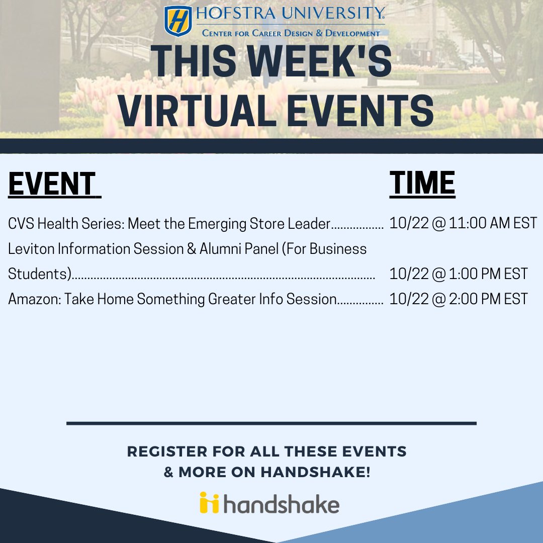 Interested in any of this week’s virtual events? Head over to Handshake to register and learn more!