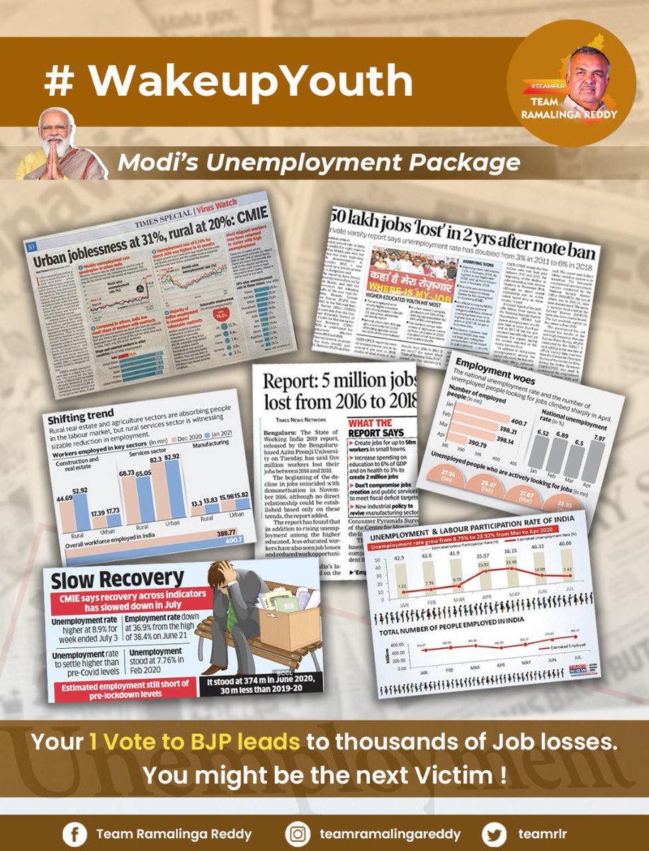 teamrlr's tweet photo. #WakeupYouth 
Modi has devastated the employment in India and has collapsed the ease of living. 

#RLR #TeamRLR #Congress #Bengaluru #BTM #Politics #INC #Demonetisation https://t.co/veRwQqmV1b