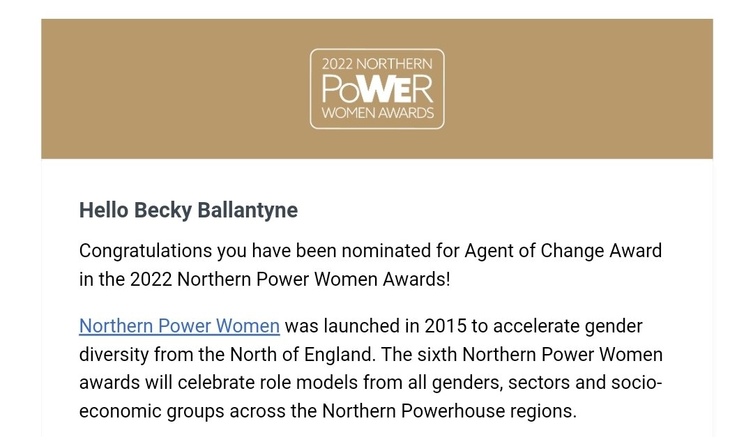 What a lovely surprise on a #Monday morning!! Huge thank you to the person who nominated me for a <a href="/NorthPowerWomen/">northernpowerwomen</a> #agentofchange award! Absolutely over the 🌜!! #NPWAWARDS #wearepower