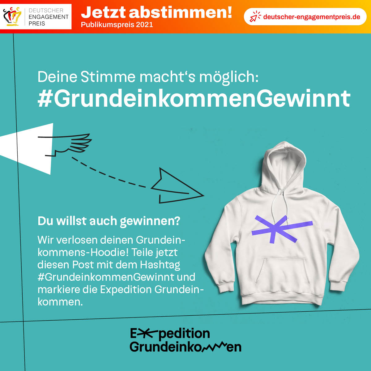 expeditionbge's tweet image. Wir haben die Chance 10.000€ beim #Engagementpreis zu gewinnen🥳Für Platz 1 brauchen wir deine Stimme Jetzt abstimmen▶️bit.ly/3FqyVyP Du willst einen Grundeinkommen-Hoodie gewinnen? Dann teile jetzt diesen Post und tagge #GrundeinkommenGewinnt und @expeditionbge