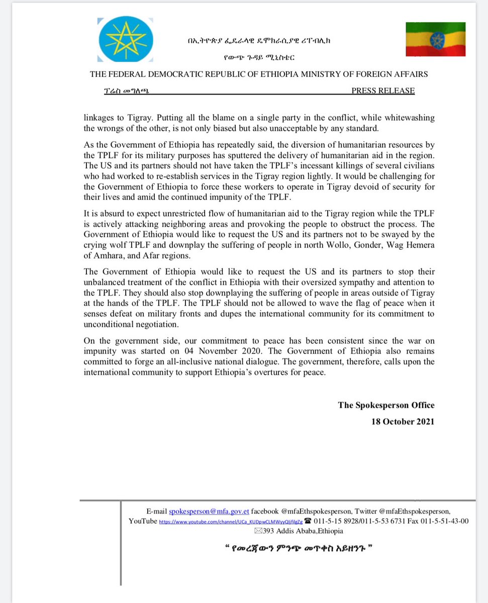 Press Statement: The TPLF is once again crying wolf to cover up its fresh attacks on civilians October 18, 2021 #Ethiopia