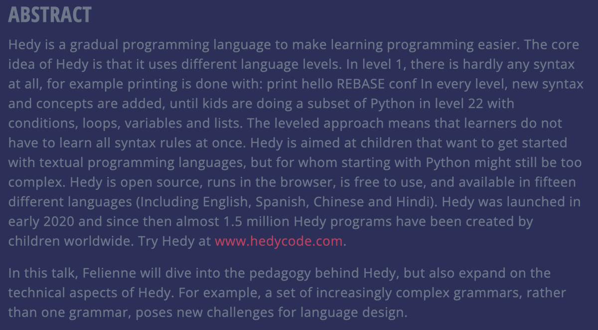 rebase_conf's tweet photo. @Felienne will talk about her gradual programming language, Hedy, followed by a discussion with @ftomasse at 7:30 AM CT. » https://t.co/TrDCu3955f