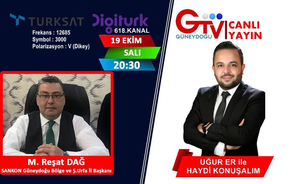 Gazeteci @ugurrerr hazırlayıp sunduğu Haydi konuşalım programının yarın akşamki konuğu Sankon güneydoğu bölge Başkanı ve Şanlıurfa il başkanı <a href="/resatdag63/">REŞAT DAĞ</a> olacak gündeme dair önemli konuların konuşulacağı bu program sakın kaçırmayın şimdiden iyi seyirler diliyorum <a href="/mustafayavvuz/">Mustafa Yavuz</a>